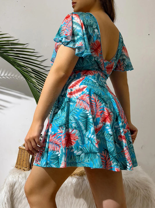 Ensemble plage femme grande taille imprimé tropical 3 pièces – 1XL à 4XL